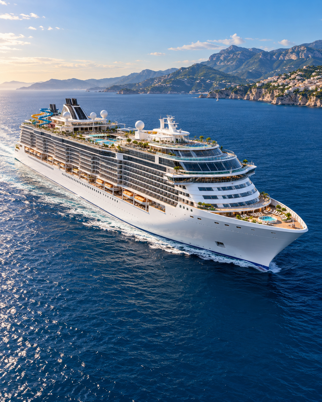 Imagen ilustrativa de un crucero moderno y lujoso con terrazas y piscinas navegando junto a una costa mediterránea