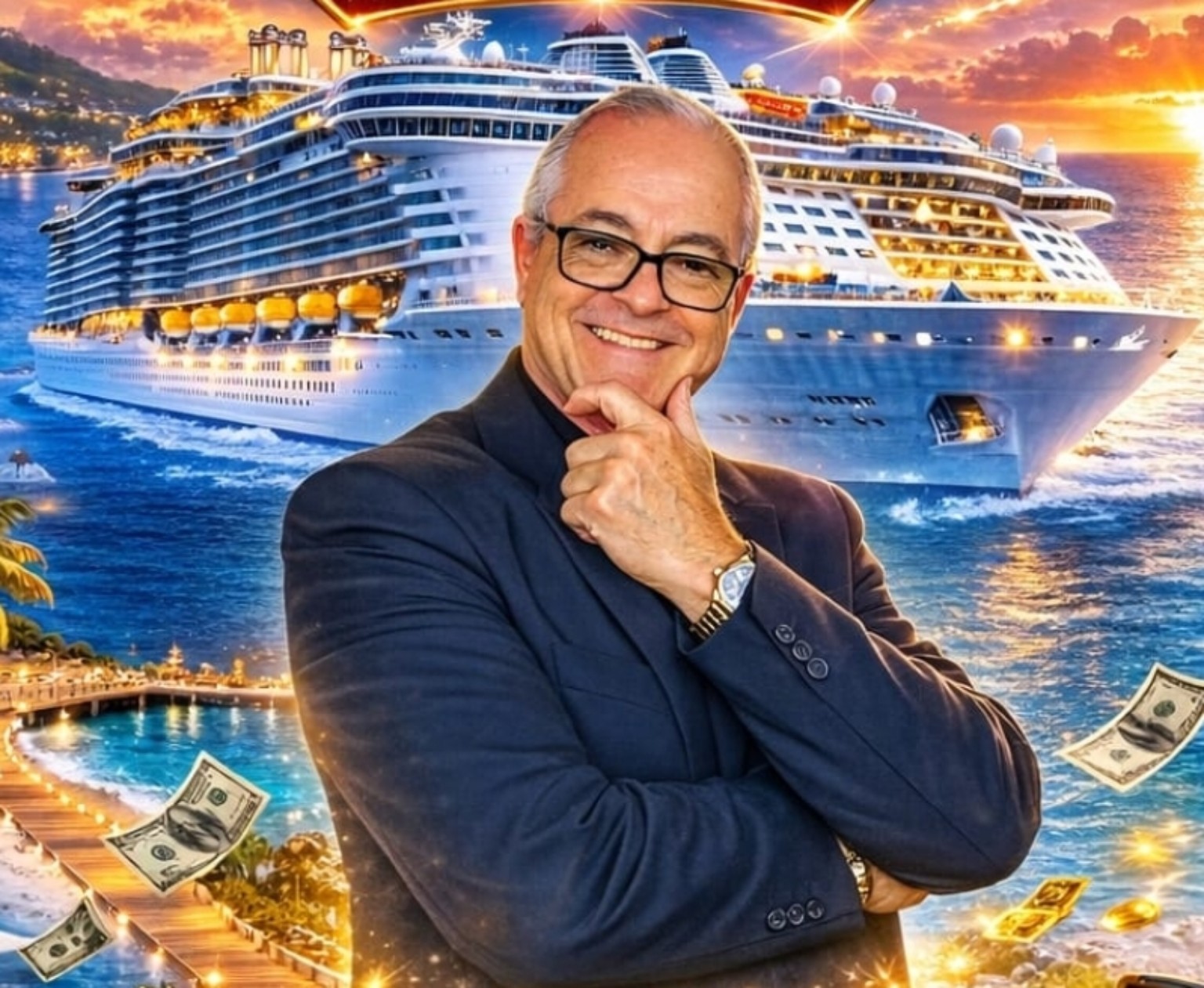 Composición promocional de Oscar Molina con traje oscuro frente a un crucero al atardecer